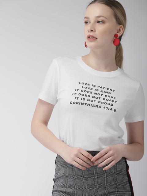 

FOREVER 21 Women White Printed Round Neck Pure Cotton T-shirt