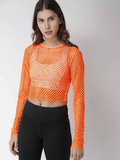 

FOREVER 21 Women Orange Self Design Sheer Crop Top