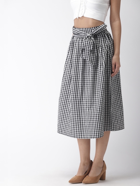 

FOREVER 21 Women Black & White Checked Midi A-Line Pure Cotton Skirt