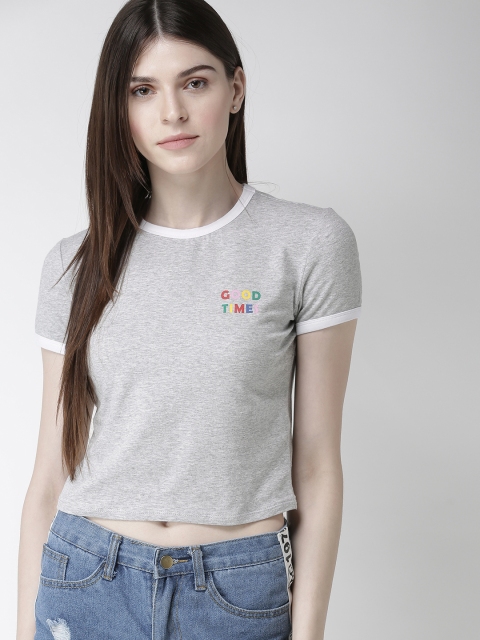 

FOREVER 21 Women Grey Melange Solid Round Neck Cropped T-shirt