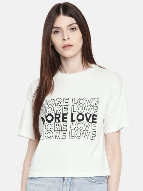 

FOREVER 21 Women Off-White Printed Round Neck T-shirt