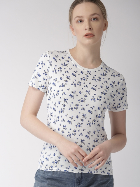 

FOREVER 21 Women White & Blue Printed Round Neck T-shirt
