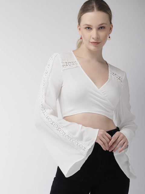 

FOREVER 21 Women White Solid Crop Wrap Top