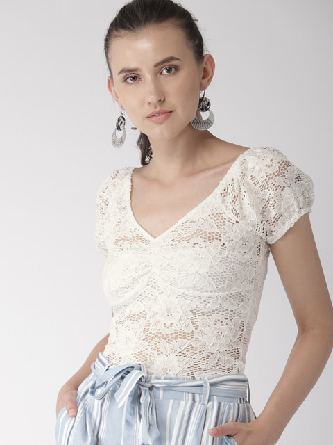 

FOREVER 21 Women White Self-Design Semi-Sheer Top
