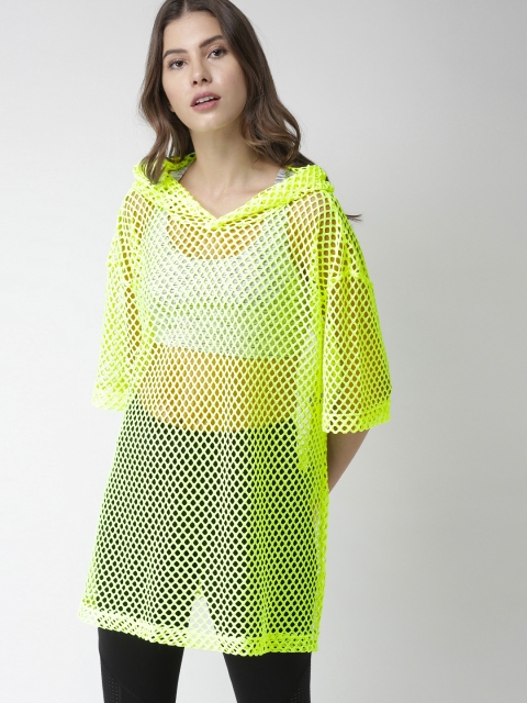 

FOREVER 21 Women Fluorescent Green Self Design Sheer Longline Hooded T-shirt