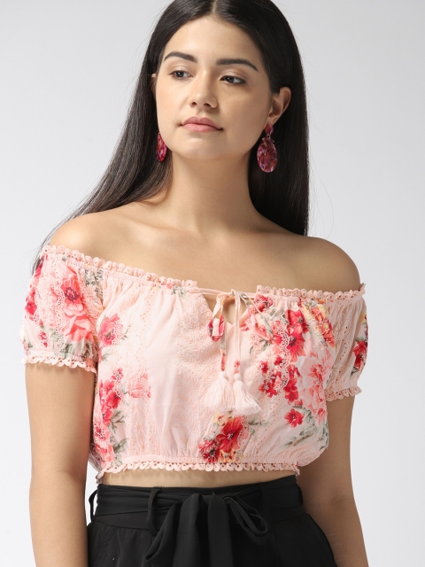 

FOREVER 21 Women Pink Printed Embroidered Bardot Top