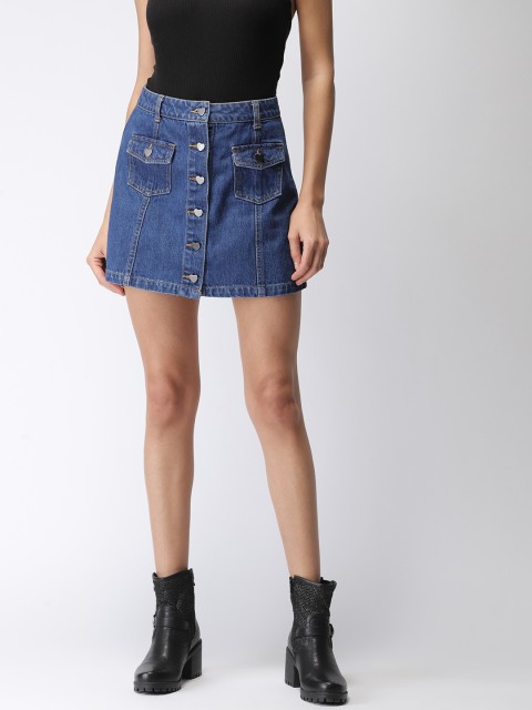 

FOREVER 21 Women Blue Solid Denim Mini A-Line Skirt