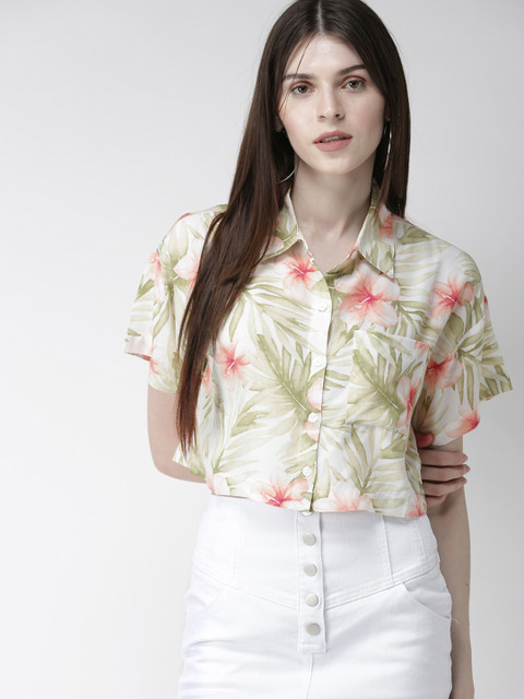 

FOREVER 21 Women Green & White Boxy Printed Casual Shirt