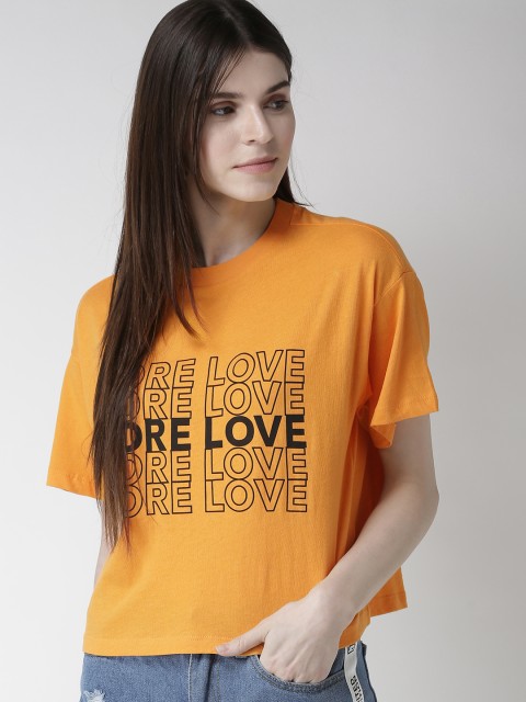 

FOREVER 21 Women Mustard Yellow Printed Boxy Fit Round Neck T-shirt
