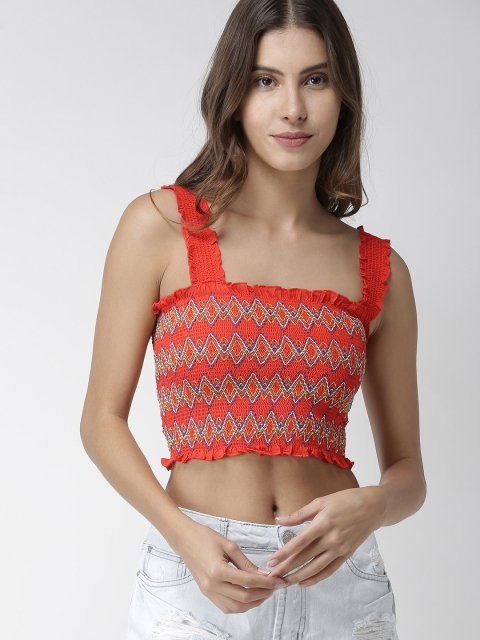 

FOREVER 21 Orange Embroidered Smocked Cropped Top