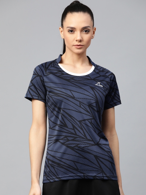 

Alcis Women Navy Blue & Black Slim Fit Printed Mandarin Collar T-shirt