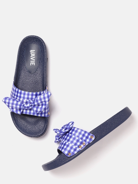 

Lavie Women Navy Blue & White Checked Open Toe Flats with Bow Detail