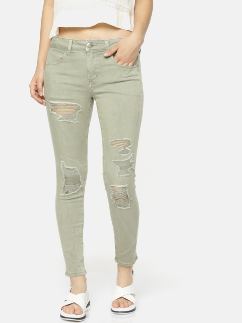 

AMERICAN EAGLE OUTFITTERS Women Green Regular Fit Mid-Rise Highly Distressed Stretchable Jeans