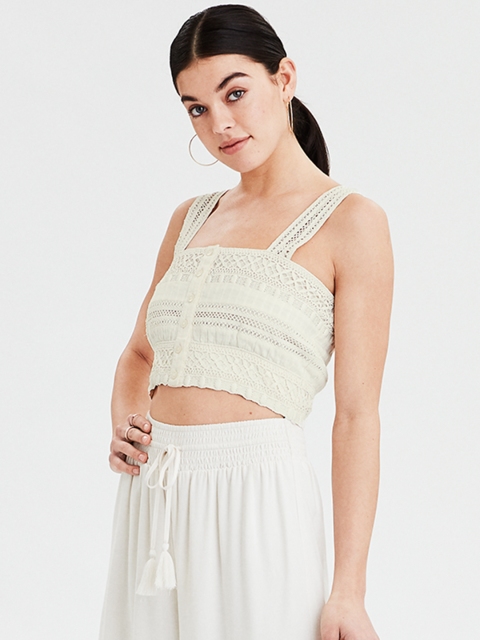 

AMERICAN EAGLE OUTFITTERS Women Off-Whited Self Design Fitted Crop Top, Off white