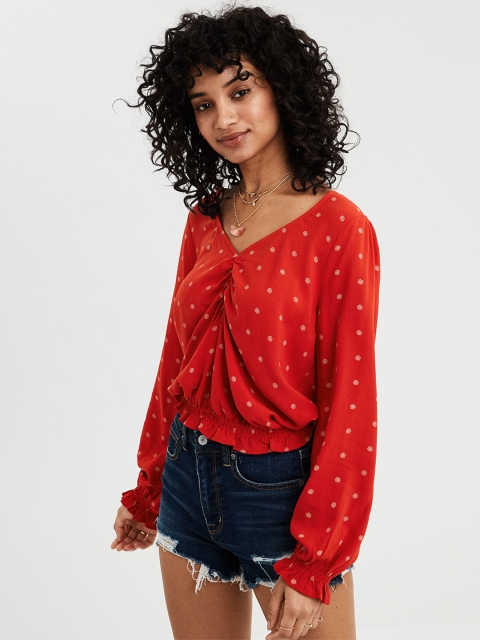 

AMERICAN EAGLE OUTFITTERS Women Red Printed Blouson Top