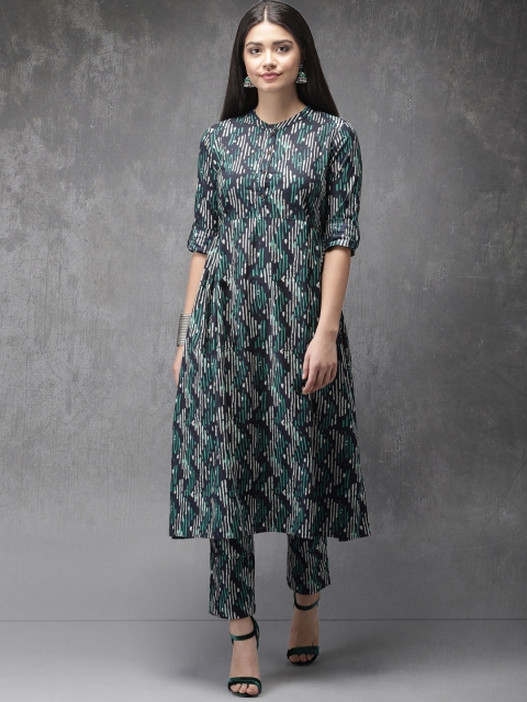 

Anouk Women Navy Blue & Green Printed Kurta with Trousers