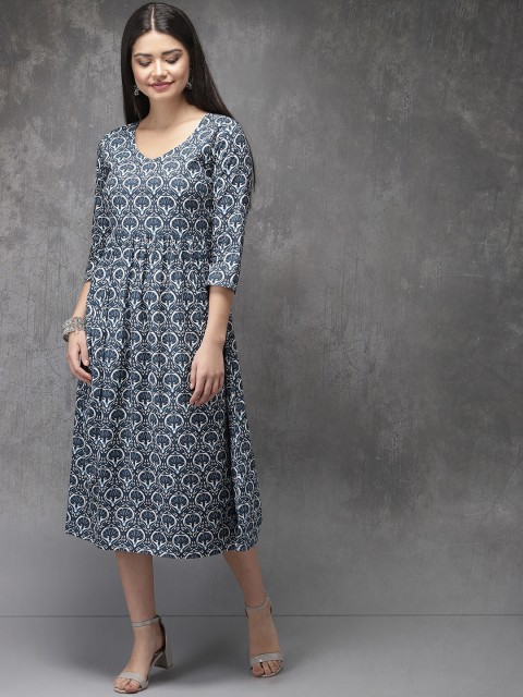 

Anouk Women Navy Blue & White Printed Pleated A-Line Kurta