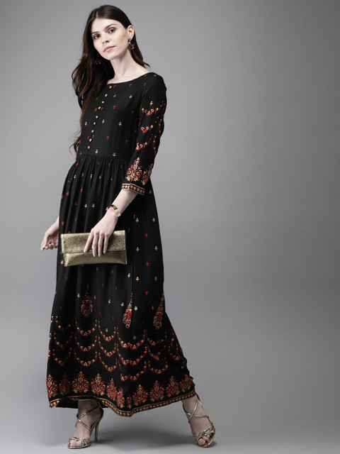 

Anouk Women Black & Beige Printed A-Line Kurta