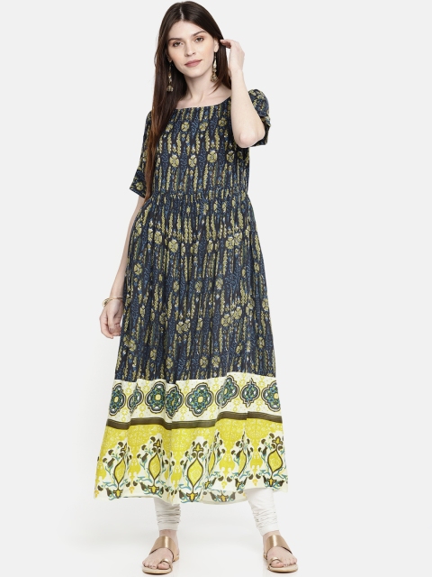 

Anouk Women Blue & Yellow Printed A-Line Kurta