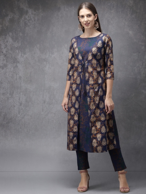 

Anouk Women Navy Blue & Gold-Coloured Printed Kurta With Trousers