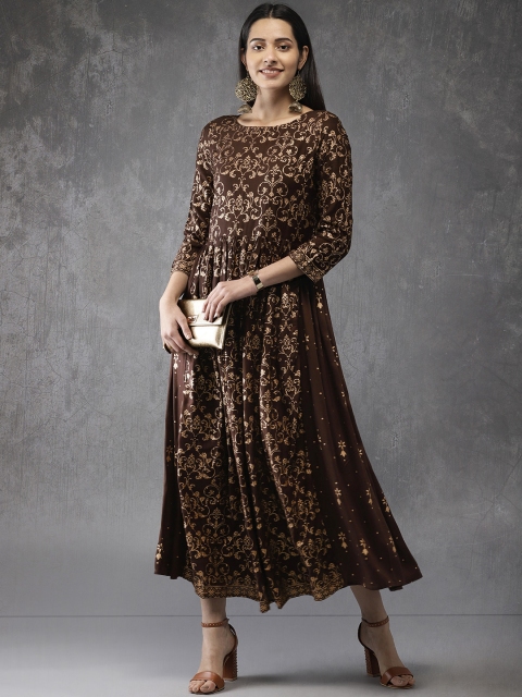 

Anouk Women Coffee Brown & Gold-Toned Printed A-Line Kurta