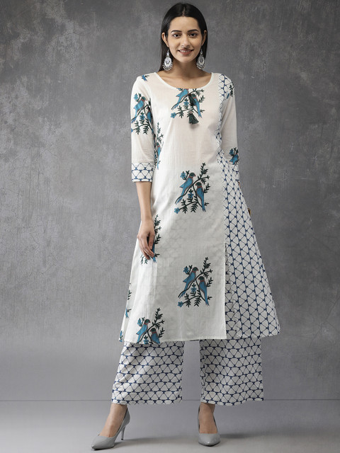 

Anouk Women White & Blue Printed Kurta with Palazzos