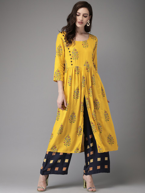 

Anouk Women Mustard Yellow & Navy Blue Printed A-Line Kurta with Palazzos