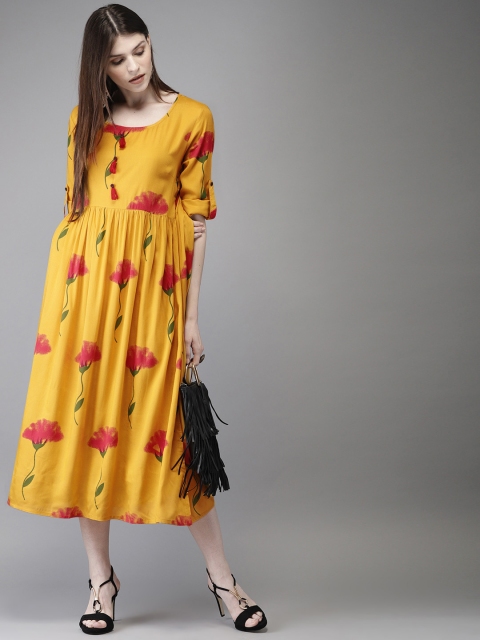 

Anouk Women Yellow & Red Floral Print A-Line Fusion Kurta