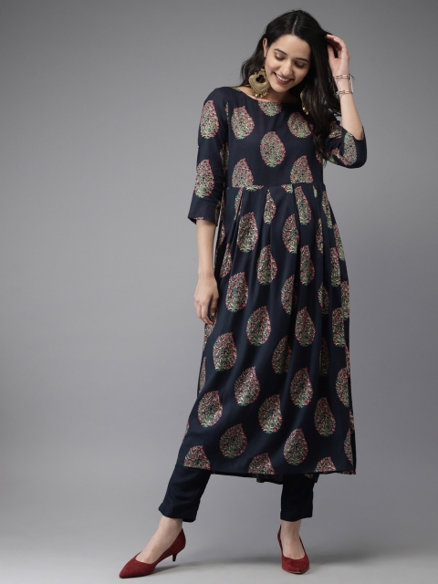 

Anouk Women Navy Blue Printed Pleated Kurta with Trousers