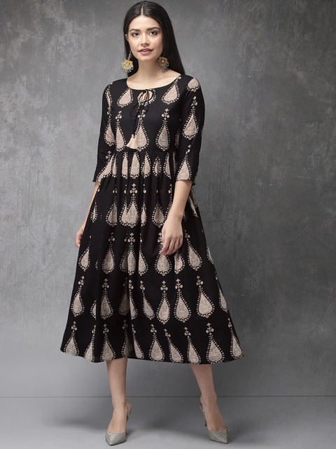 

Anouk Women Black Printed Pleated A-Line Fusion Kurta