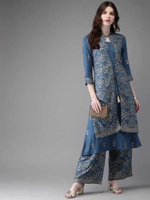 

Anouk Women Blue & Gold-Toned Printed Layered Kurta with Palazzos