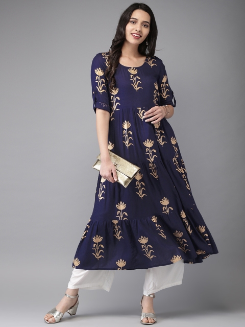 

Anouk Women Navy Blue & Gold-Toned Printed A-Line Kurta