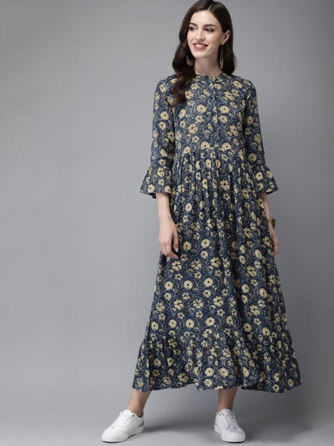 

Anouk Women Navy Blue & Beige Printed A-Line Kurta