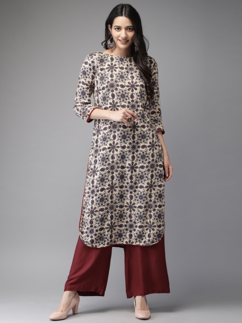 

Anouk Women Beige & Maroon Printed Kurta with Palazzos