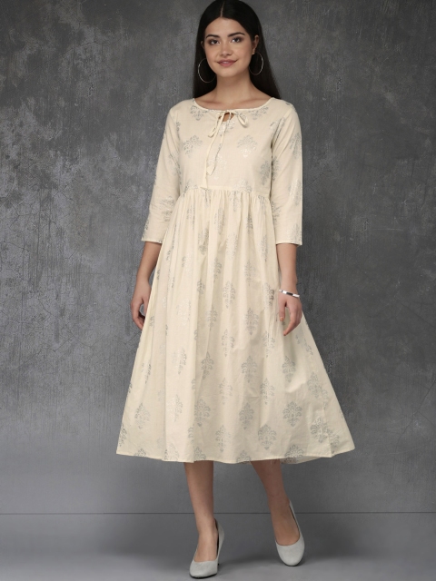 

Anouk Women Cream-Coloured & Silver-Toned Printed A-Line Fusion Kurta