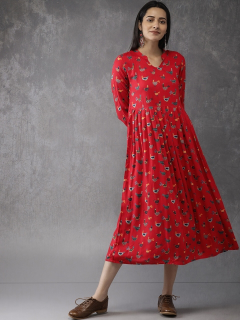 

Anouk Women Red Hen Print A-Line Woven Kurta