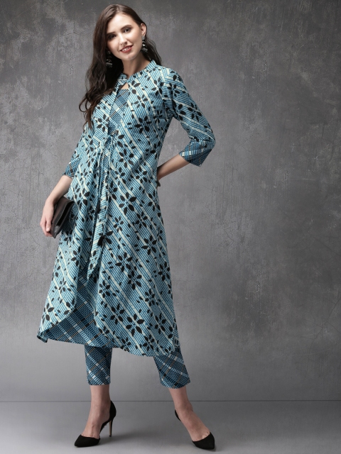

Anouk Women Turquoise Blue & White Striped Kurta with Trousers