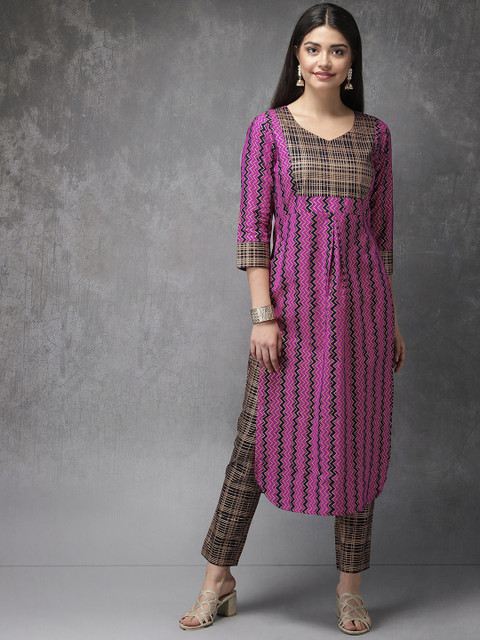 

Anouk Women Pink & Navy Blue Printed Kurta with Trousers