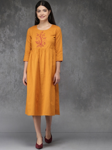 

Anouk Women Mustard Yellow Embroidered A-Line Dress