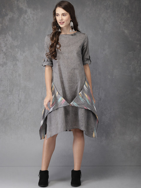 

Anouk Women Grey Printed A-Line Dress