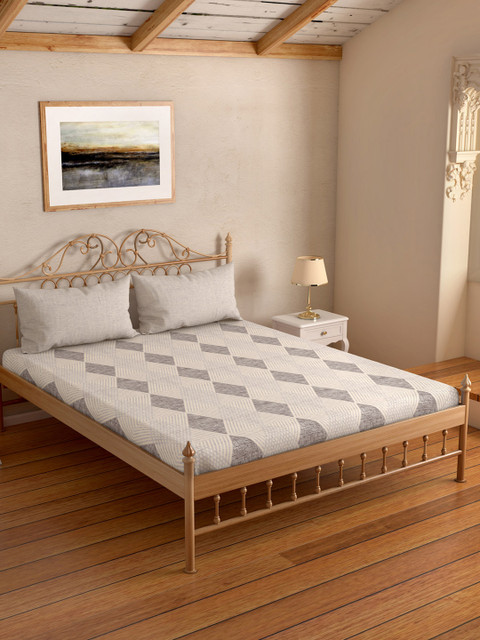 

SPACES Beige Geometric 144 TC Cotton 1 Queen Bedsheet with 2 Pillow Covers