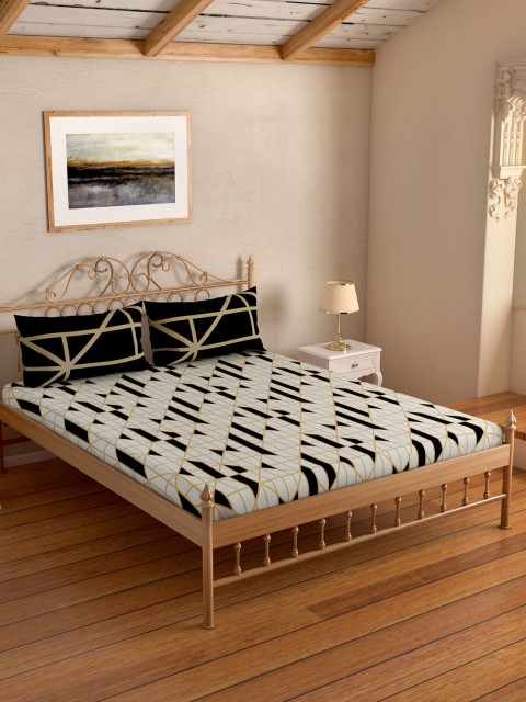 

SPACES Black & Beige Geometric 144 TC Cotton 1 Queen Bedsheet with 2 Pillow Covers