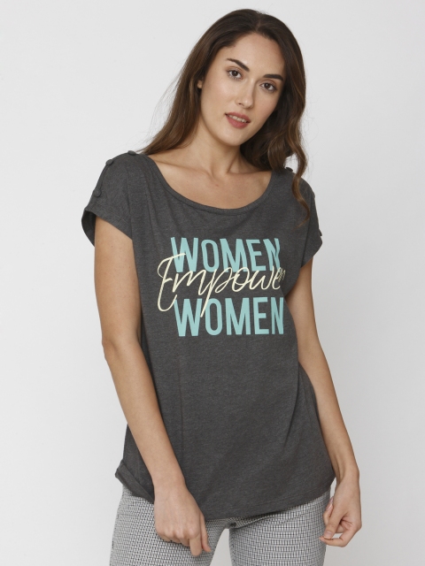 

Vero Moda Women Charcoal Grey Printed Round Neck T-shirt