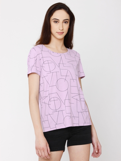 

Vero Moda Women Lavender & Black Printed Round Neck T-shirt