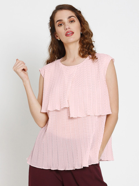 

Vero Moda Women Peach-Coloured Printed A-Line Ruffled Top