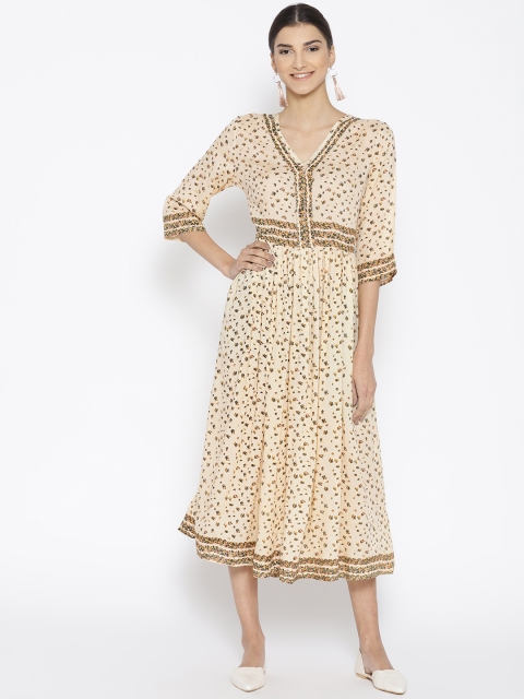 

I AM FOR YOU Women Cream-Coloured & Green Printed A-Line Dress