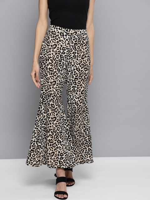 

Besiva Women Black & Beige Regular Fit Animal Print Bootcut Trousers