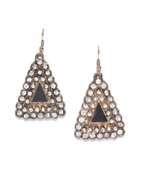 

Carlton London Black Antique Gold-Plated Stone-Studded Triangular Drop Earrings