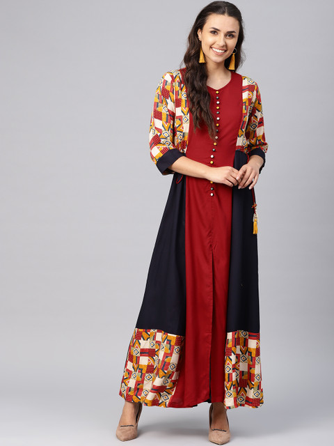 

Shree Women Maroon & Navy Blue Colourblocked Maxi Dress
