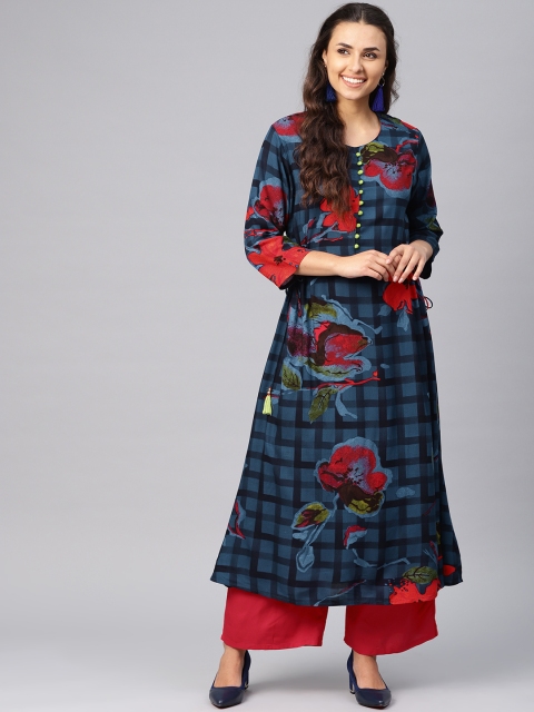 

Shree Women Navy Blue & Red Floral Print A-Line Kurta